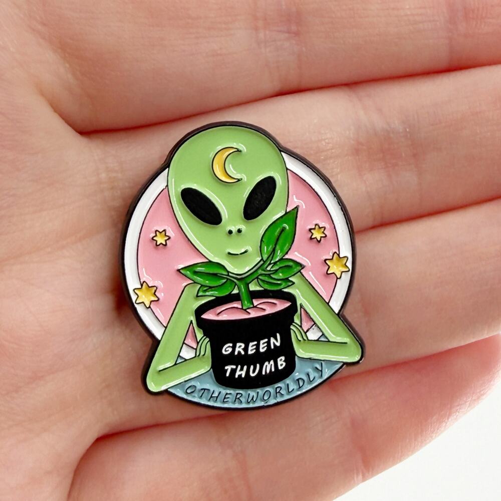 Green Thumb Celestial Alien Holding A Plant Soft Enamel Pin
